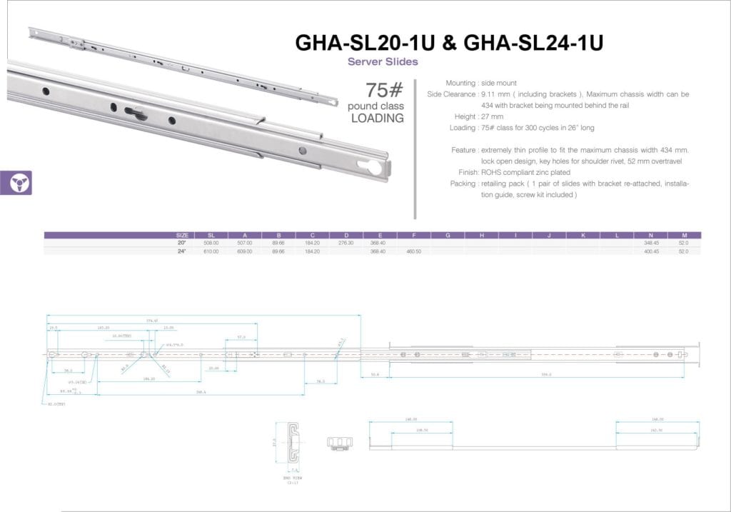 Low Friction Slide Rails GHA-SL20-1U - 20